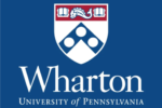 Logo of the Wharton School of the University of Pennsylvania, featuring a shield with stylized books and a lion above geometric shapes, set on a blue background.