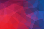 An abstract geometric pattern featuring overlapping triangles in shades of red, purple, and blue.