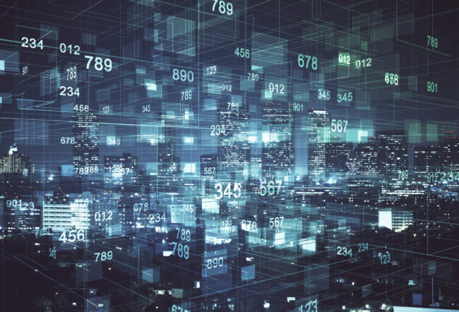 A futuristic cityscape with floating digital numbers and data grids, symbolizing technology, data analysis, or urban digital transformation.