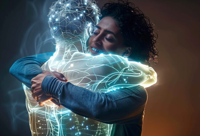 A person embraces a glowing, digital humanoid figure. This represents the connection between humans and technology or virtual reality.