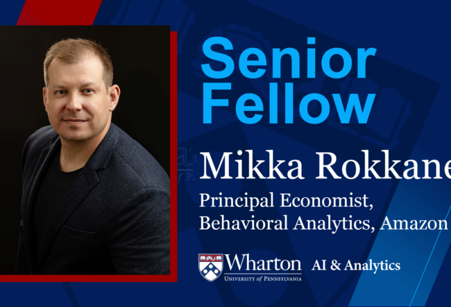 Headshot of a person identified as Mikka Rokkanen, with text indicating their role as Principal Economist in Behavioral Analytics at Amazon. They are also referred to as a Senior Fellow at Wharton AI & Analytics.