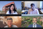 A virtual meeting with four participants, each in separate video call windows. Backgrounds include a university building, an office, graduates celebrating, and an aerial campus view. There are banners for ASU W.P. Carey School of Business and Poets &