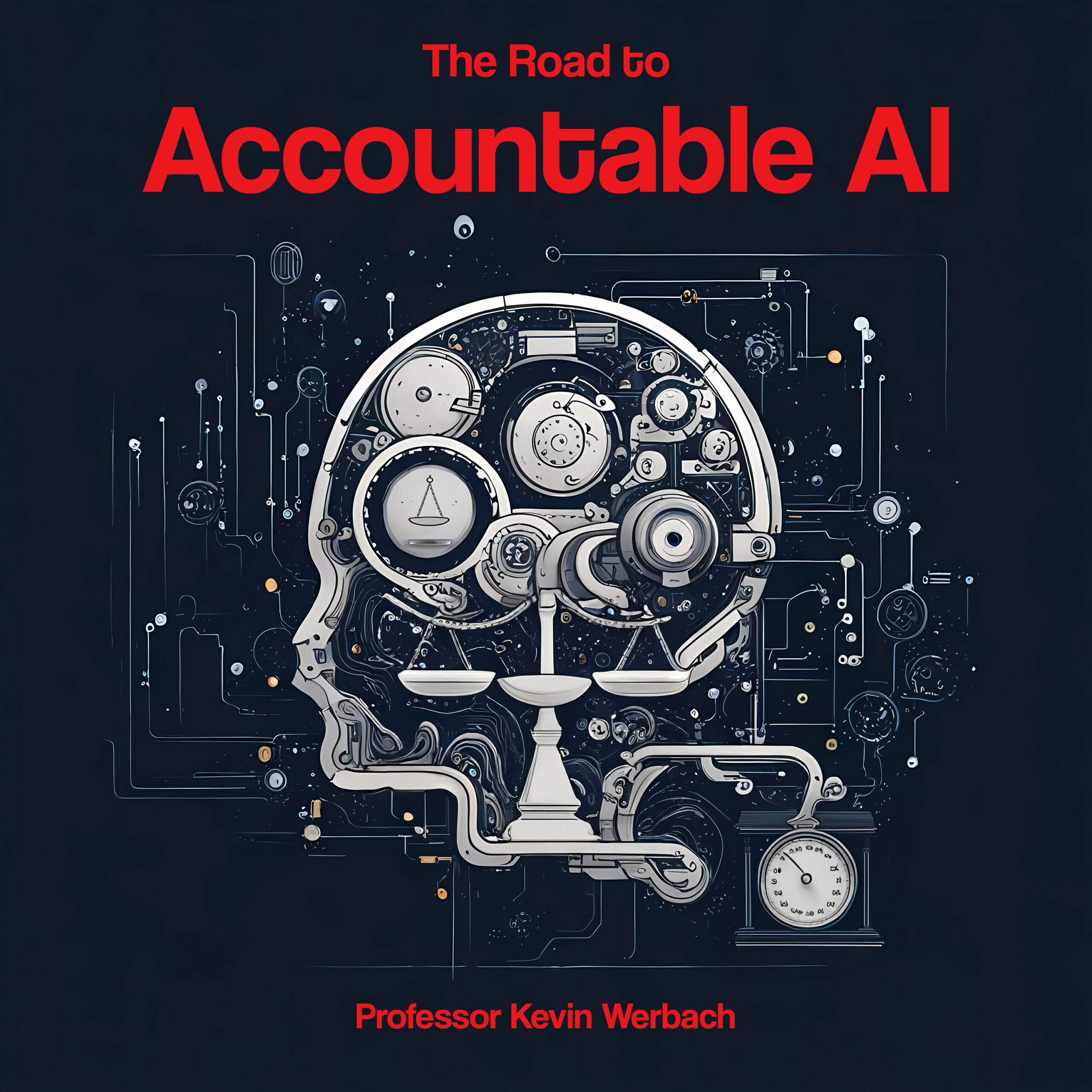 An illustration of a mechanical head composed of gears and devices, with scales of justice, suggesting the theme of accountable AI. The text ``The Road to Accountable AI`` is prominently displayed.