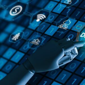 A robotic hand pointing at a digital interface with icons and binary code. Highlighted is a section reading "AI Deep Learning," representing artificial intelligence and technology concepts.