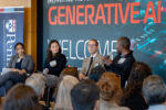 A panel discussion on generative AI, featuring four speakers engaged in conversation. A banner for the Leonard Davis Institute of Health Economics is visible, as well as an audience in the foreground.