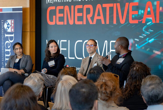 A panel discussion on generative AI, featuring four speakers engaged in conversation. A banner for the Leonard Davis Institute of Health Economics is visible, as well as an audience in the foreground.