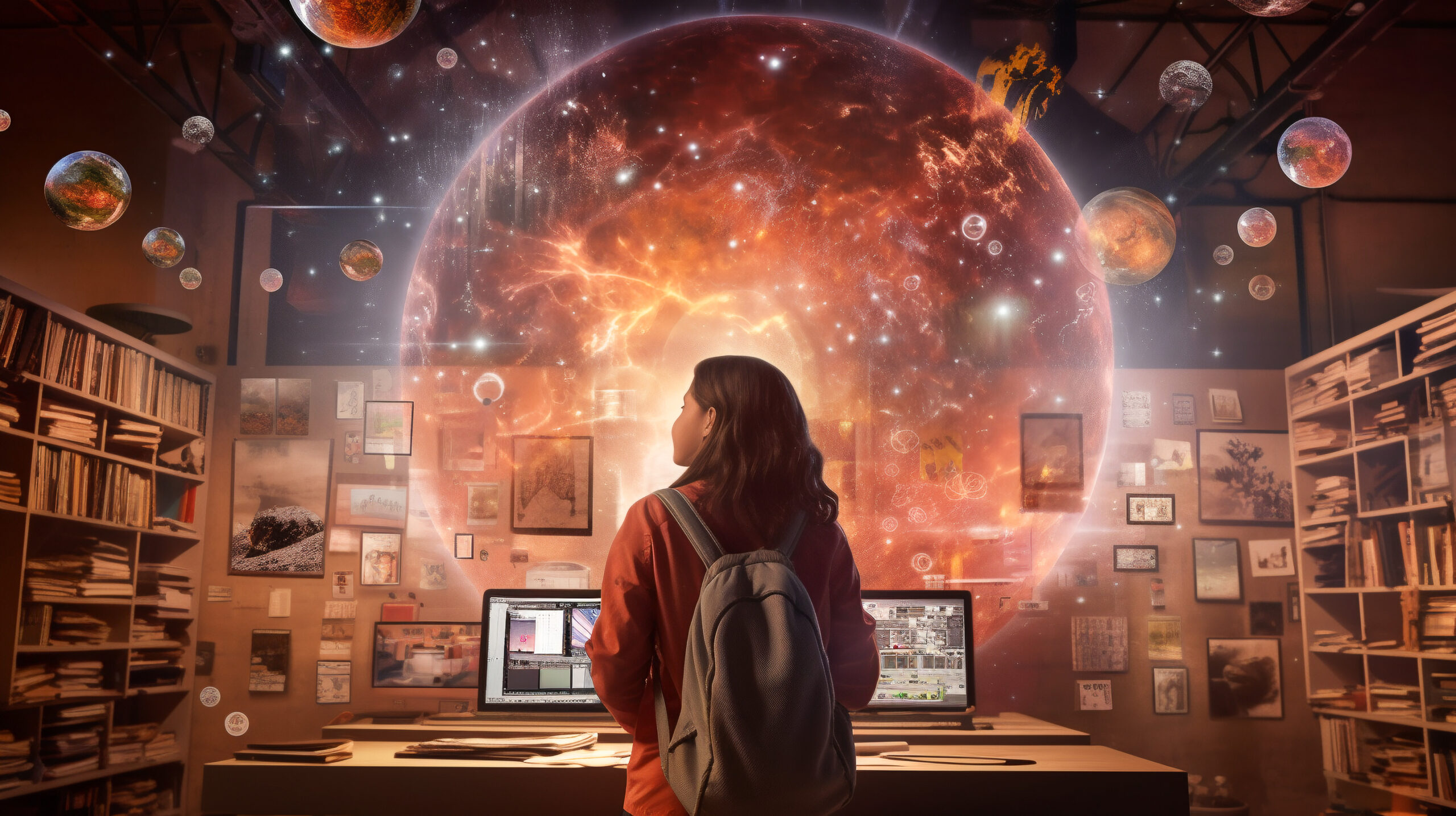 A person with a backpack stands in a library or workspace, looking at a series of computer screens. A large, glowing, cosmic scene with swirling orange and red planets and stars envelops the background, blending imagination and reality. The setting is filled with