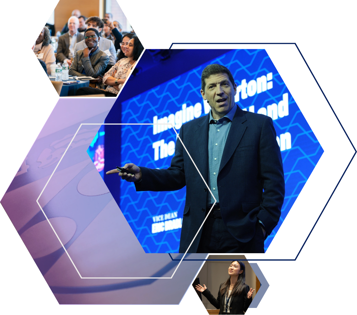 Waiai Partnership Opportunities A collage of three hexagonal images showing people in professional settings: an attentive audience, a person speaking on stage, and an individual presenting. The central image features a speaker with a blue background displaying text.