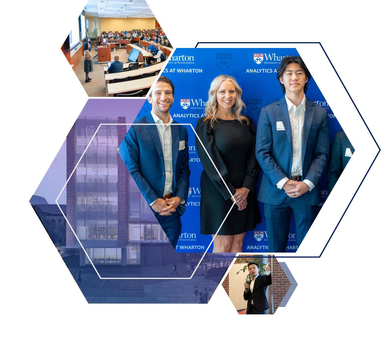 Waiai Student Research Partner Hexagonal collage featuring a classroom lecture, a group in formal attire at a Wharton Analytics event, an exterior view of a modern building, and a speaker at a podium.