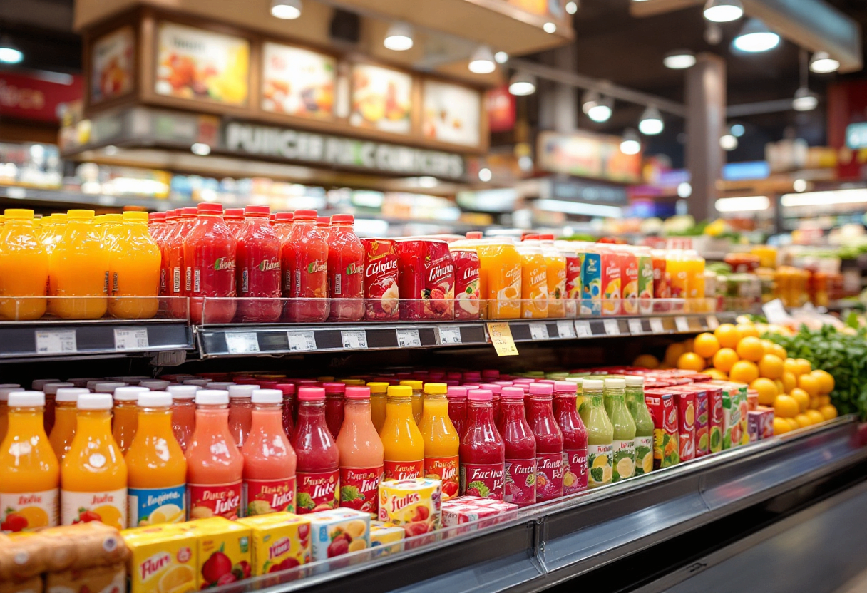 Kt WZnsRkI F5kMifoV4Q Grocery store juice aisle displaying a variety of colorful juice bottles and cartons on shelves, with fresh produce nearby.