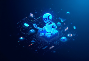 A futuristic robot interacting with a digital interface, surrounded by various virtual data elements and graphs, symbolizing artificial intelligence and technology.