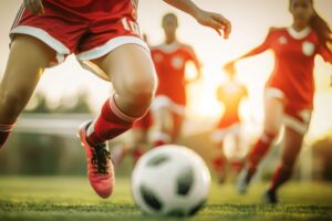 Sports Team, Teenage Girl Soccer And Kick Ball On Field In A Tournament,Fit Adolescents Compete To Win Match At School Championship Sports Team, Teenage Girl Soccer And Kick Ball On Field In A Tournament,Fit Adolescents Compete To Win Match At School Championship