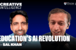 Two people are seen speaking with the text "Creative Intelligence" and "Education's AI Revolution with Sal Khan." It promotes a discussion on AI in education.