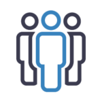 Wharton Icons Leadership 01 2 (1) Icon of three stylized human figures, with the central one highlighted in blue, representing leadership or teamwork.