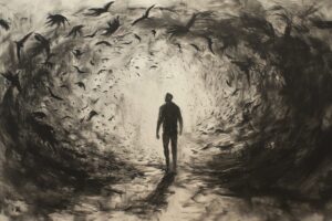 Silhouette of a person walking towards a bright light, surrounded by swirling black birds, conveying a feeling of transition or transformation.