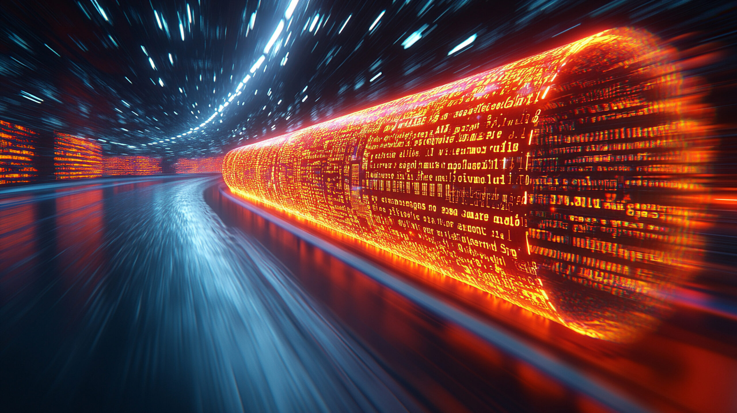 A futuristic tunnel with bright orange and red digital code flowing along its surface. The perspective and speed lines suggest high-speed data transfer or a digital highway.