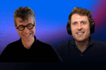 A person with curly hair and round glasses is smiling next to another person wearing headphones, both against a blue and purple gradient background.