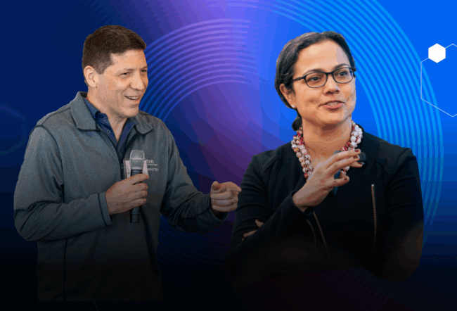 Two people are engaging with microphones. The background features abstract blue and purple gradients with hexagonal shapes.