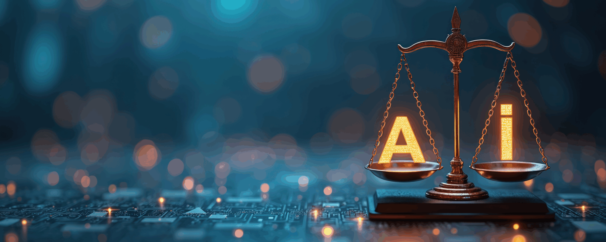 Scales of justice with the letters "A" and "I" on each side, set against a blurred background of circuitry, symbolizing the balance between artificial intelligence and ethics or law.