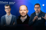 A composite image featuring a headshot of a person in the center wearing a dark jacket and two other people, one holding a microphone, with a Wharton, University of Pennsylvania Human-AI Research logo on a blue background.