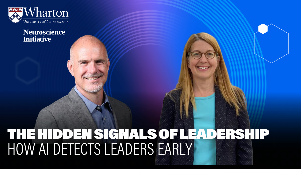 A promotional image for a Wharton Neuroscience Initiative event titled "The Hidden Signals of Leadership: How AI Detects Leaders Early," featuring headshots of two people, a blue and purple background, and a hexagon pattern.
